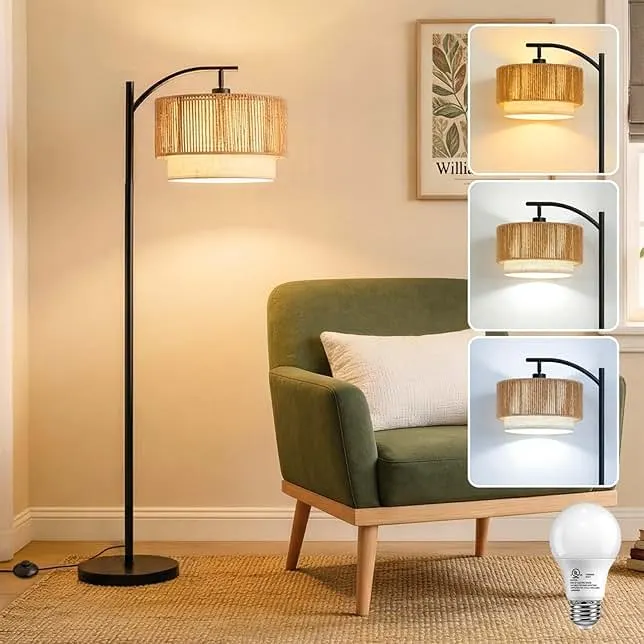 TJOY Floor Lamp for Living Room with 12W LED Bulb, Arc Floor Lamp, 3 Color Temperatures Standing Floor Lamp with Boho Rattan & Fabric Shades for Living Room, Bedroom, Farmhouse, Corner