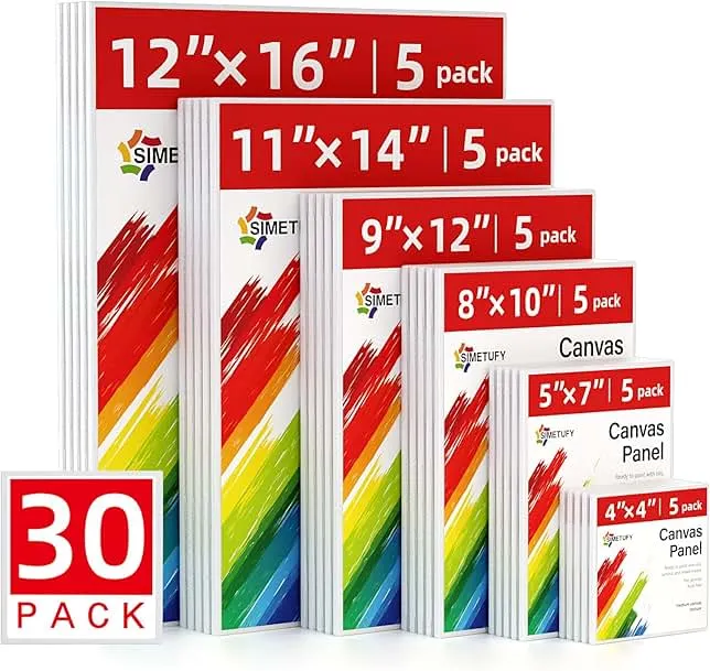 Simetufy 30 Pack Canvas for Painting, 5 of 4x4, 5x7, 8x10, 9x12,11x14, 12x16 Canvas Boards Art Paint Canvas for Adults & Kids - 100% Cotton Primed for Acrylic, Oil, Watercolor, Art Supplies