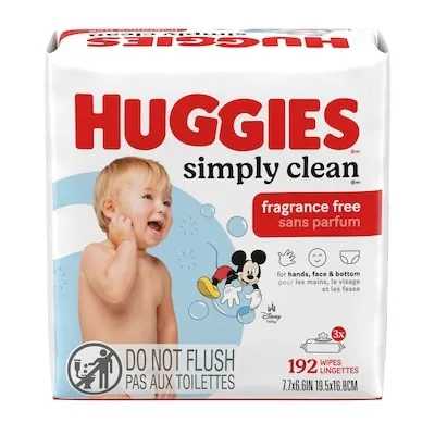 Simply Clean Fragrance-Free Baby Wipes, Unscented Diaper Wipes, 3 Flip-Top Packs (192 Wipes Total) (Select for More)