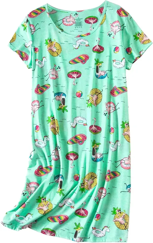 Women's Cotton Nightgown Sleepwear Short Sleeves Shirt Casual Print Sleepdress