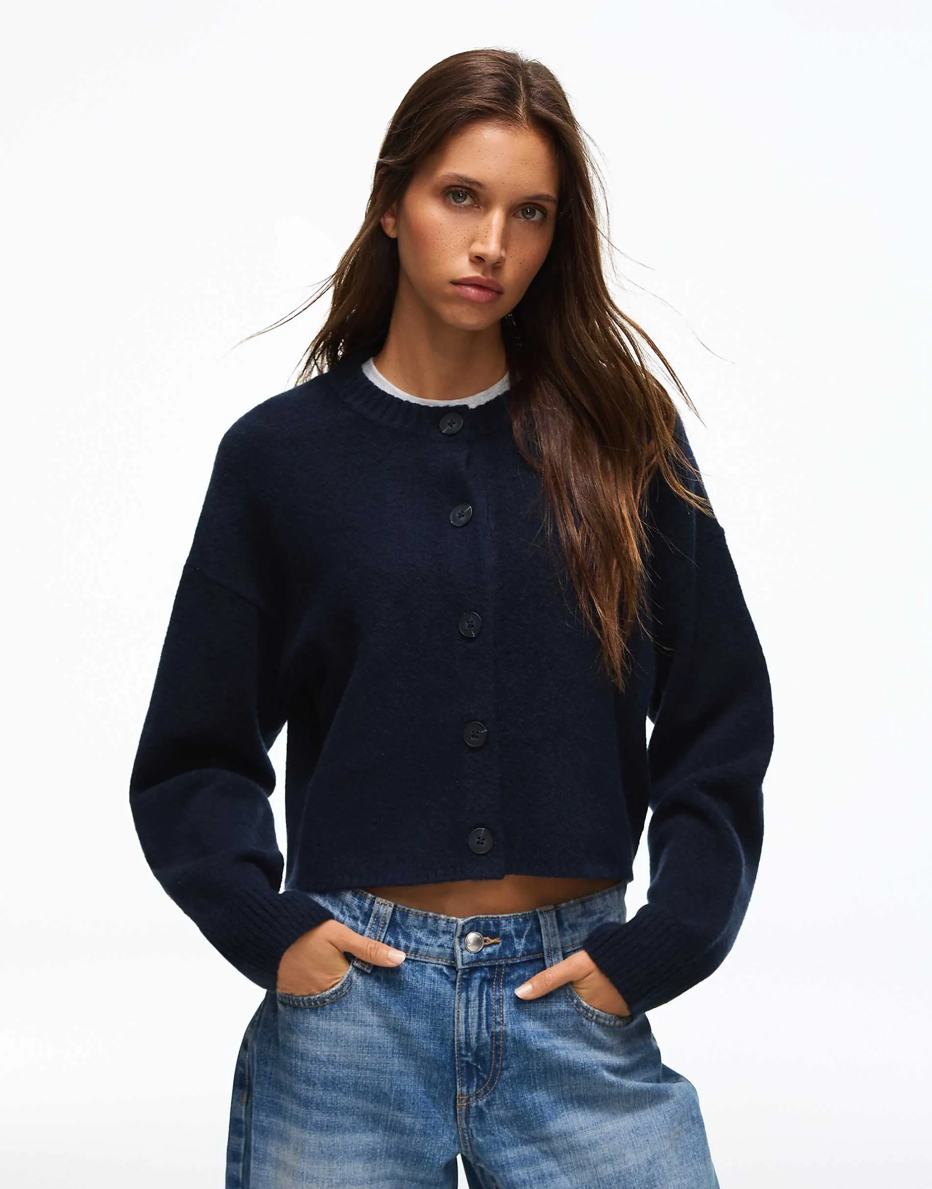 Bershka Round neck button-up knit cardigan in blue
