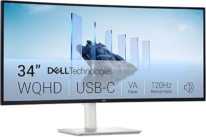 Dell 34 Plus USB-C Curved Monitor - S3425DW - 34-inch (3440 x 1440) up to 120 Hz 21:9 Display, VA Panel, AMD FreeSync Premium, 99% sRGB, 95% DCI-P3, Integrated Speakers, 3000:1 Contrast Ratio Dell 34 Plus USB-C Curved Monitor - S3…