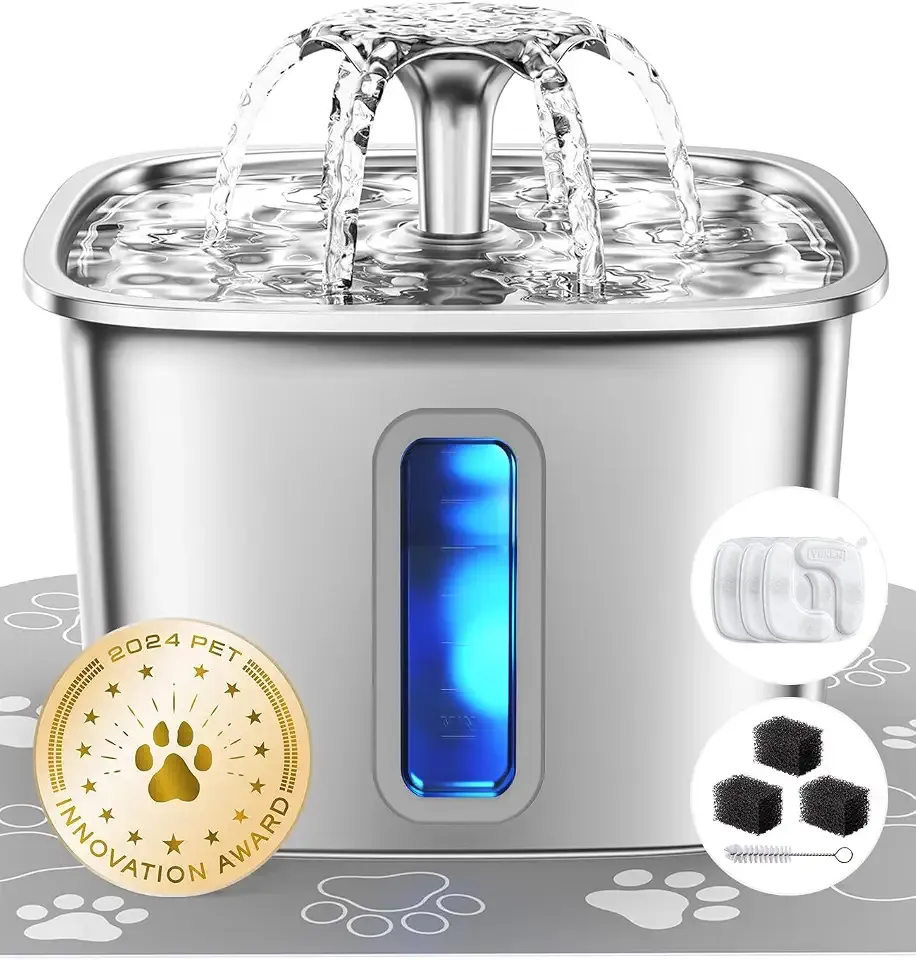 Veken Innovation Award Winner Stainless Steel Cat Water Fountain, 108oz | Automatic Pet Fountain Dog Water Dispenser with 3 Replacement Filters & Silicone Mat, Gifts for Cats, Dogs (Silver)