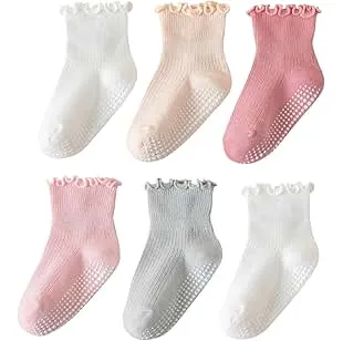ANYANIME 6 Pairs Toddler Ruffle Socks for Girls Baby Grip Socks Non Slip Socks Cute Grippy Frilly