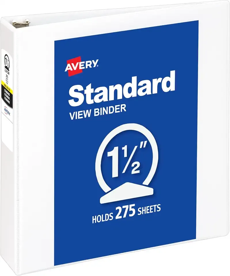 Avery Standard View 3 Ring Binder, 1.5" Round Rings, 275-Sheet Capacity, 2.1 Inch Wide Spine, 1 White Binder, Ideal for Lightweight Organization and Occasional Referencing (05726)