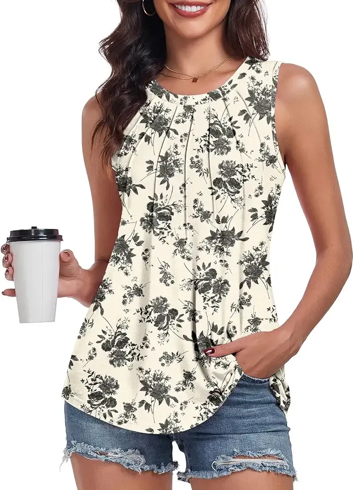 Women's Summer Tank Tops Pleated Round Neck Sleeveless Trendy Tops for Women Dressy Casual