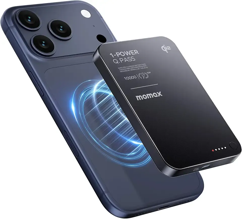 MOMAX Magnetic Portable Charger 10000mAh Qi2 Certified 15W Fast Charging Power Bank iPhone Air MagSafe Battery Pack Designed for iPhone 17 Pro Max/17 Pro/Air/16/15/14/13/12