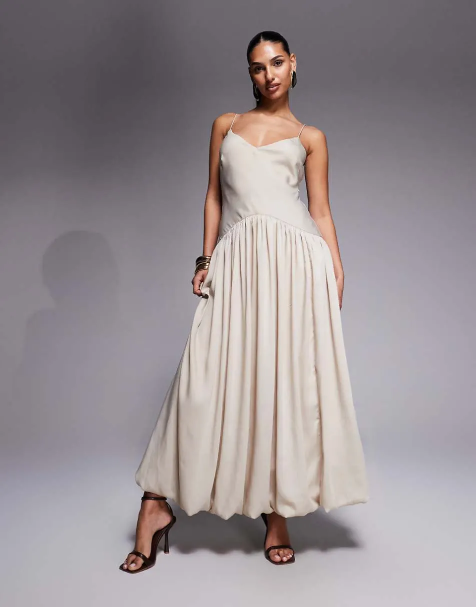 ASOS DESIGN satin bias shift dress with bubble hem in stone