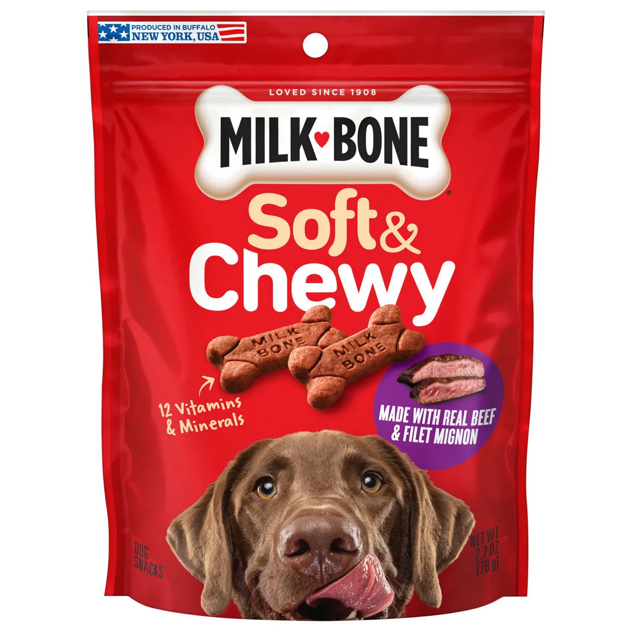 Milk-Bone Soft & Chewy Dog Treats, Made with Real Beef & Filet Mignon, 2.7 Ounce Pouch