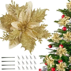 20 piezas de decoraciones navideñas, flores artificiales de Navidad con clips, decoración de árbol de Navidad, flores artificiales con purpurina