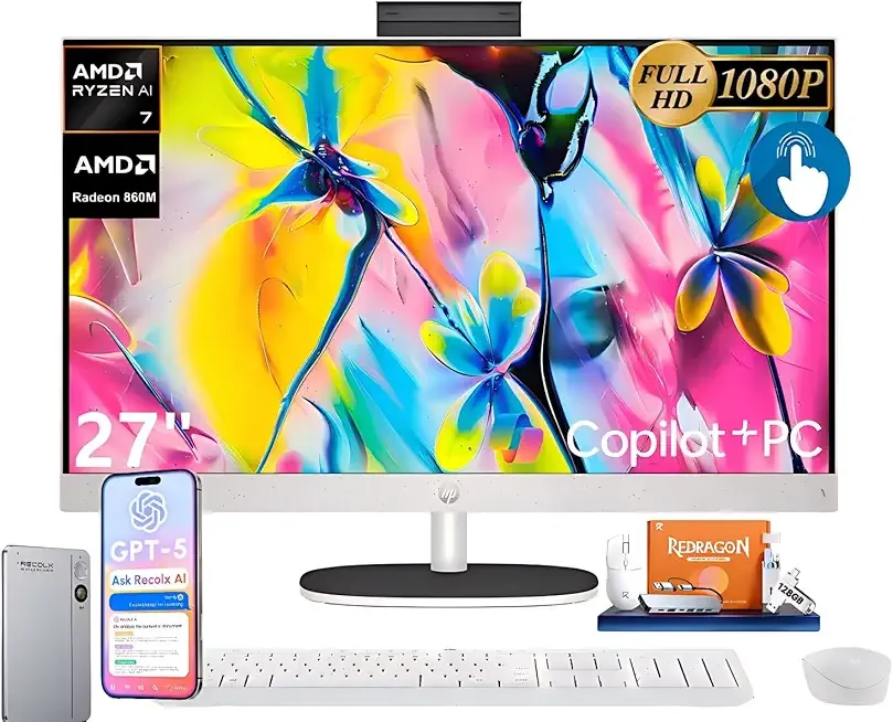 HP 27" All-in-One FHD Touchscreen Desktop Computer, AMD Ryzen AI 7 350(8-Core), 32 GB DDR5-5600 MT/s, 2 TB SSD, AMD Radeon 860M, Wi-Fi6, BT5.4, Copilot+ PC, Windows 11 Pro, w/RECOLX AI Voice Recorder