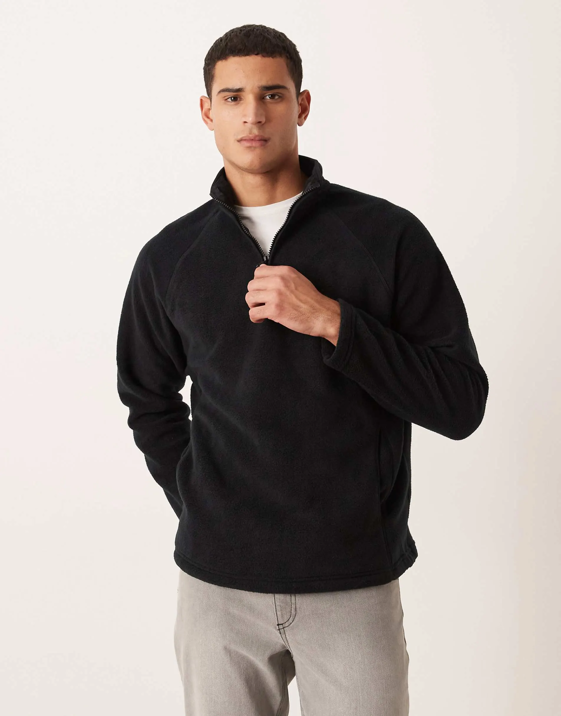 ASOS DESIGN relaxed funnel neck quarter zip fleece sweatshirt in black