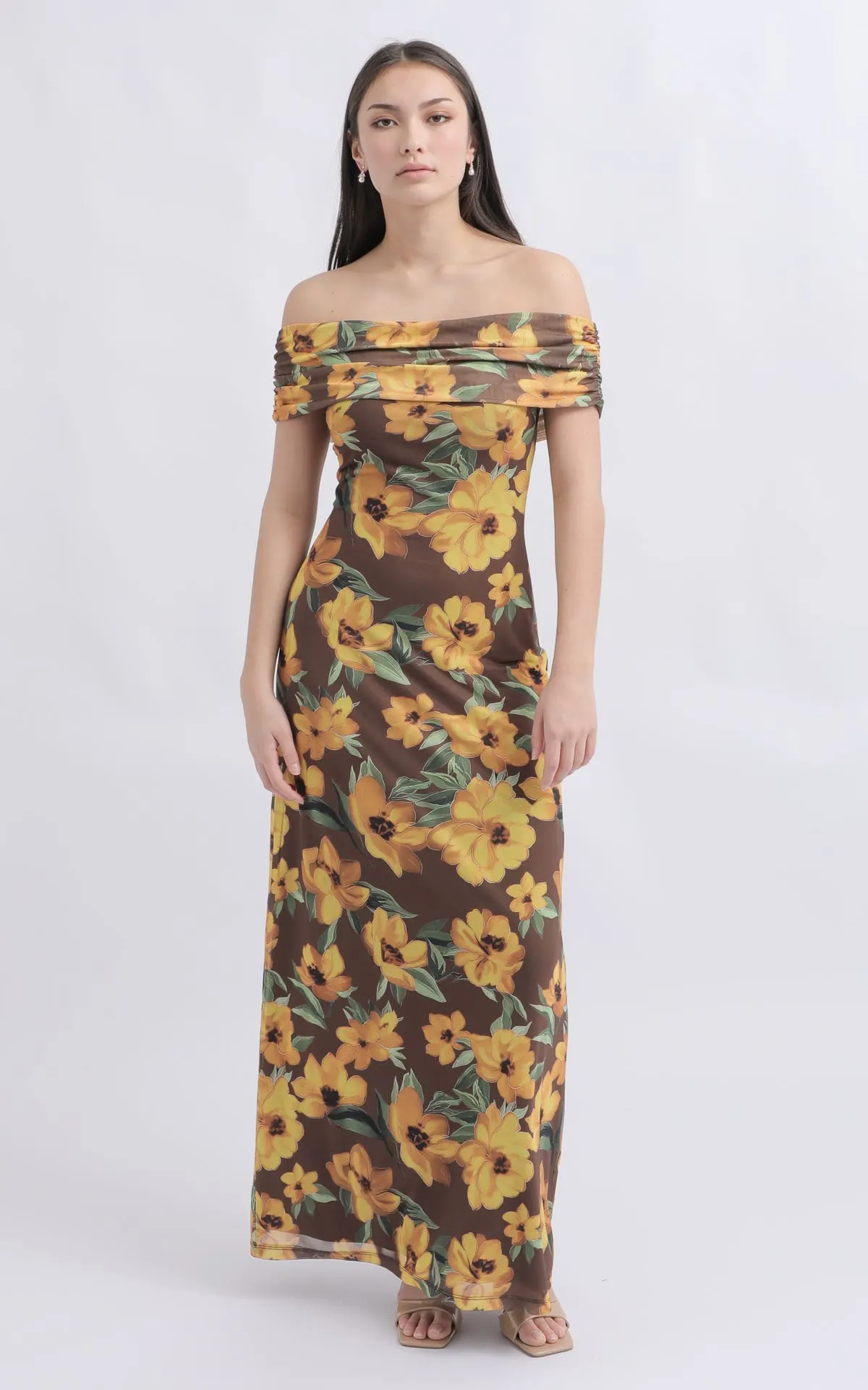 Printed Mesh Bardot Gown