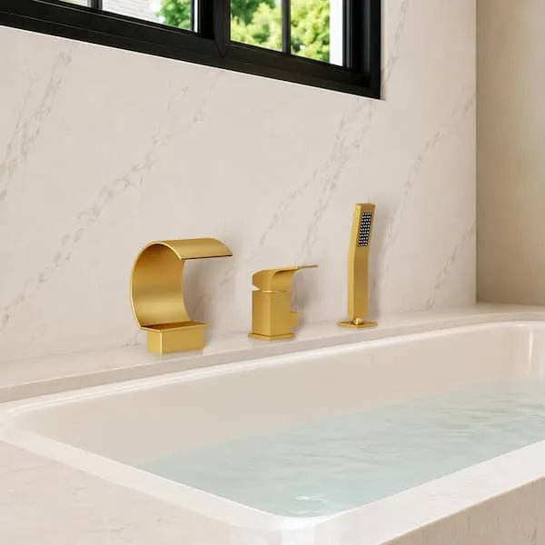 EVERSTEIN High Arc Tub Deck Mount Bathtub Faucet Single-​Handle Roman Tub Faucet with Hand Shower in Brushed Gold Valve Included