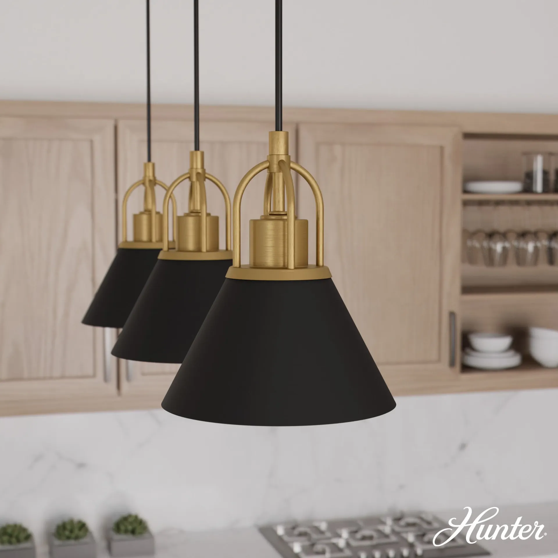 Hunter Carrington Isle 3 -Light Matte Black and Luxe Gold Transitional Metal Linear Large Hanging Chandelier