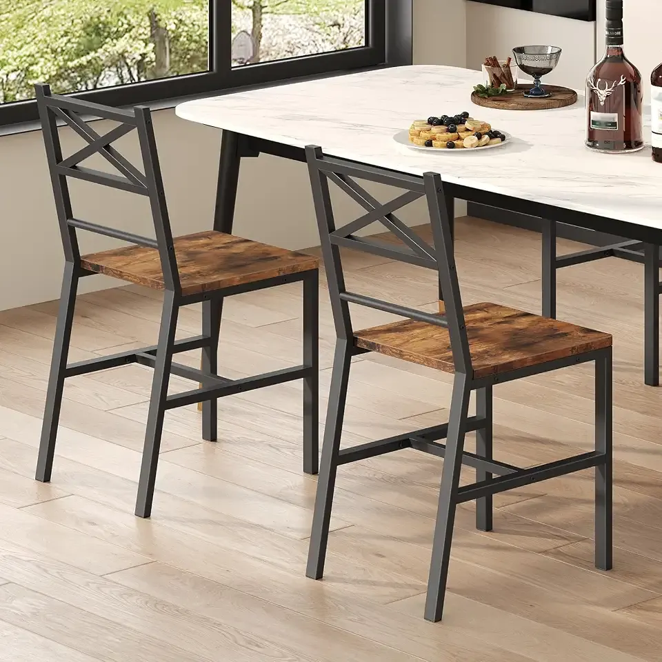 MAHANCRIS Dining Chair Set of 2, Rustic Wooden Kitchen Chairs with Backrest, Farmhouse Dining Chairs for Kitchen, Industrial Style Chair with Metal Frame, Easy Assembly, Rustic Brown TBHR1001