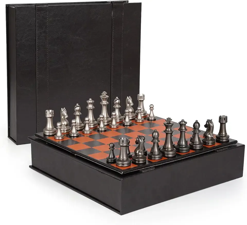 Metal Chess Set for Adults and Kids – 12" Leather Chess Board with Weighted Metal Chess Pieces, Portable Travel Chess Set with Velvet Storage, Elegant Chess Board Game Gift for Men, Enthusiasts
