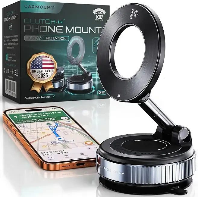Clutch-X™ Black – Vacuum Phone Mount Suction Cup Car Phone Holder for iPhone, Window Phone Mount for Travel, 360° Vacuum Magnetic Phone Holder for Car, Magnetic Phone Holder with Suction Cup