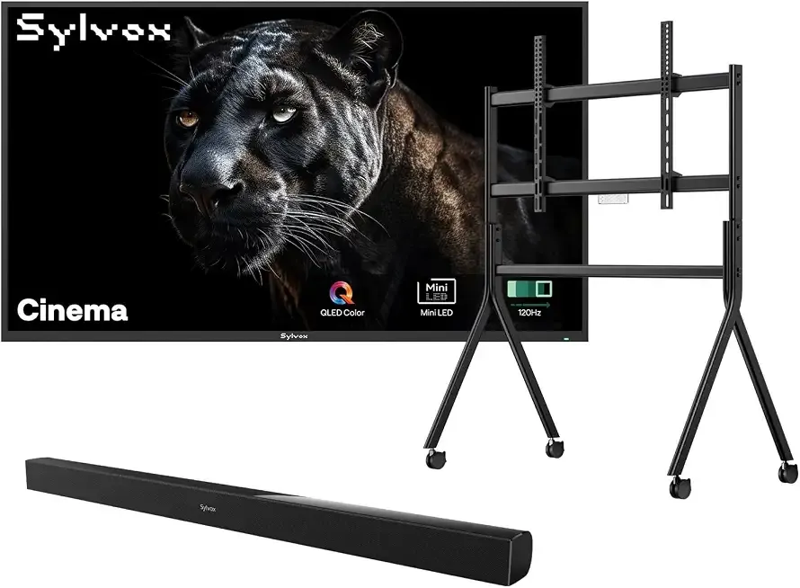 SYLVOX 65 inch Outdoor Mini-LED QLED TV with Rolling Stand & Soundbar, 4K UHD, 2000 Nits Full Sun, Anti-Glare Screen, 120Hz, IP56 Waterproof, Dual 30W Dolby Atmos Speaks (Cinema/2025)