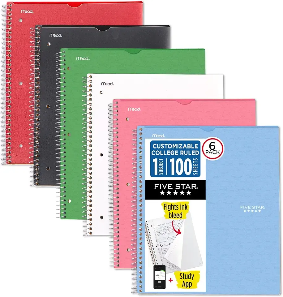 Five Star Spiral Notebook + Study App, 6 Pack, 1 Subject, College Ruled 8.5" x 11" Paper, 100 Sheets, Fights Ink Bleed, Customizable Water Resistant Cover, Assorted Colors (820045-ECM)