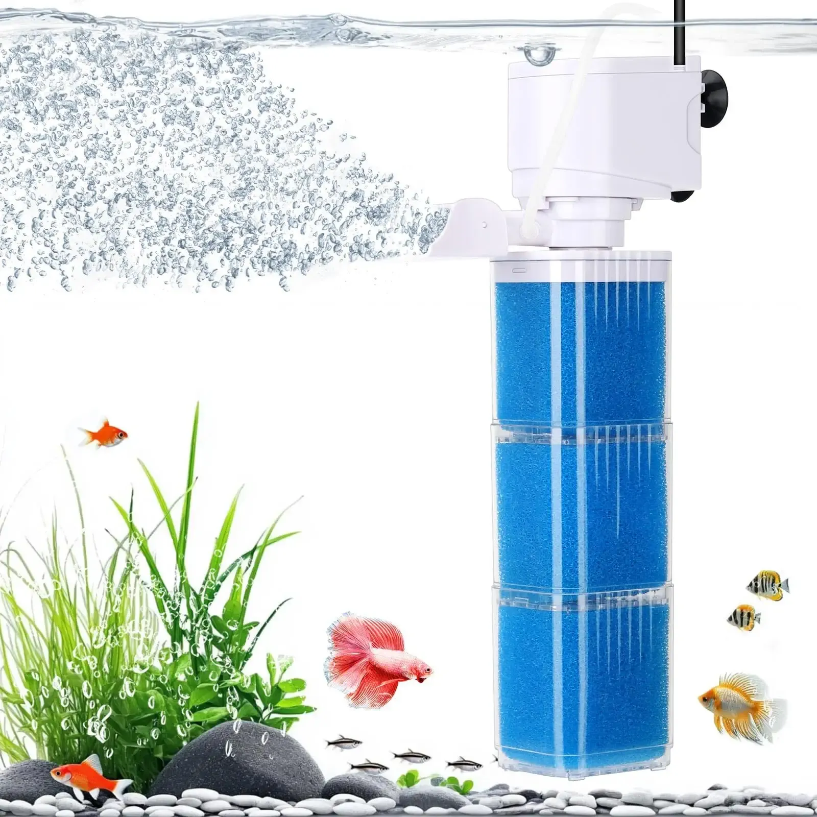 4-IN-1 Aquarium Power Filter - Mutil Stage Filtration, Adjustable Oxygenation/Wavemaker, Whisper-Quiet Submersible Fish Tank Filter & Water Circulation System for 20-100 Gal Fresh/Salt Tank