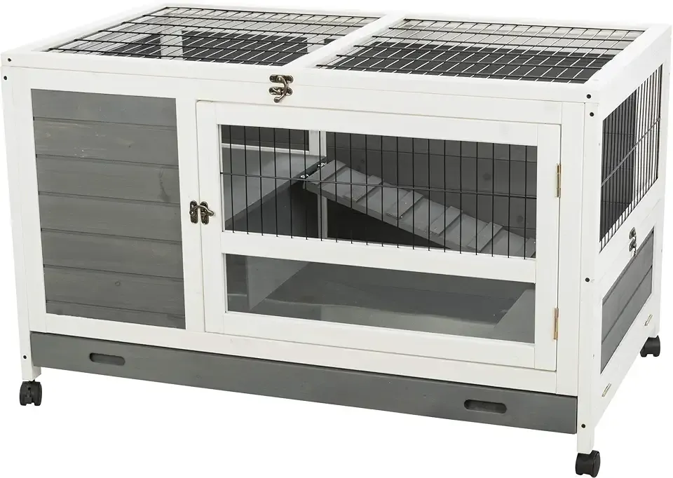 Trixie Natura Small Indoor Rabbit Hutch, Pet House for Rabbits and Guinea Pigs, Bunny Cage on Wheels, Pull Out Tray