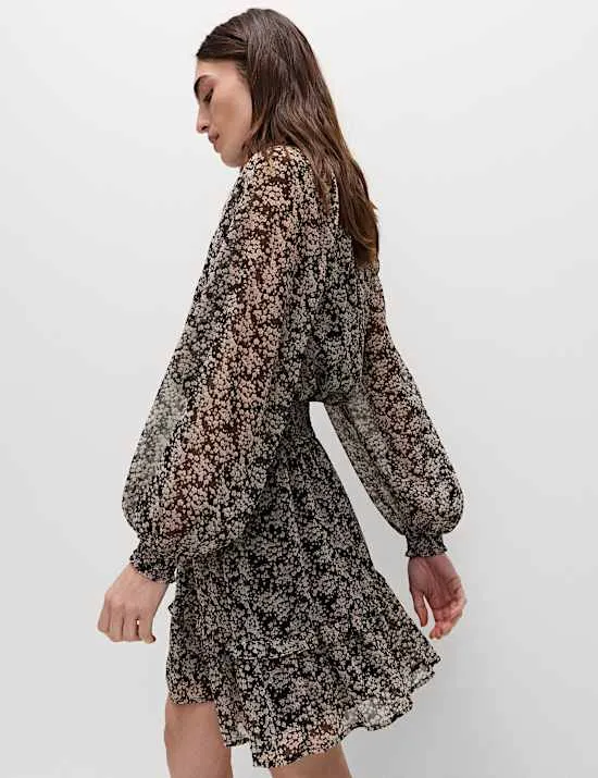 Chiffon Floral Tie Neck Mini Waisted Dress