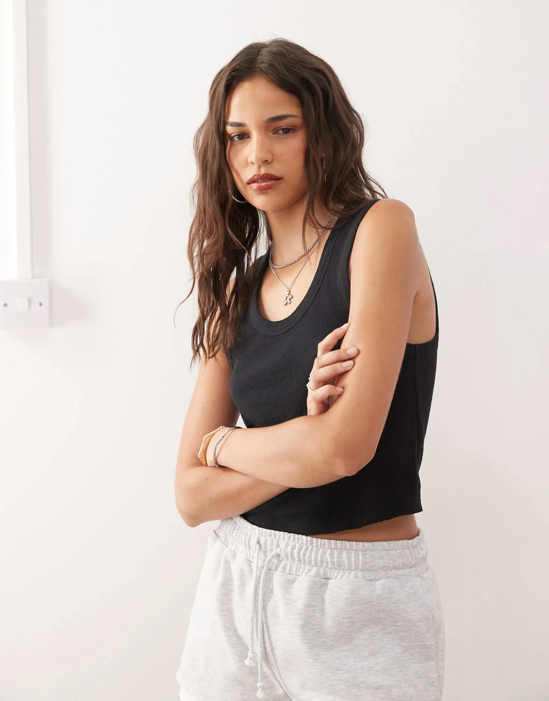 COLLUSION waffle vest top in black