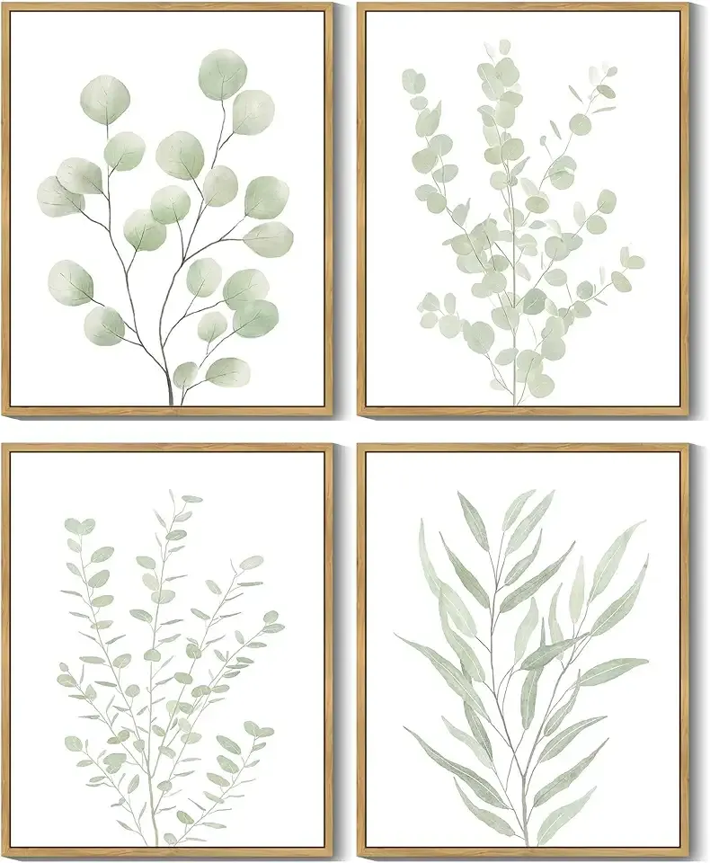 Drsoum Botanical Plant Framed Wall Art Boho Wall Decor for Bathroom Sage Green Eucalyptus Leaf Prints Minimalist Aesthetic Ready to Hang Set of 4, 8x10 in (Natural Framed)