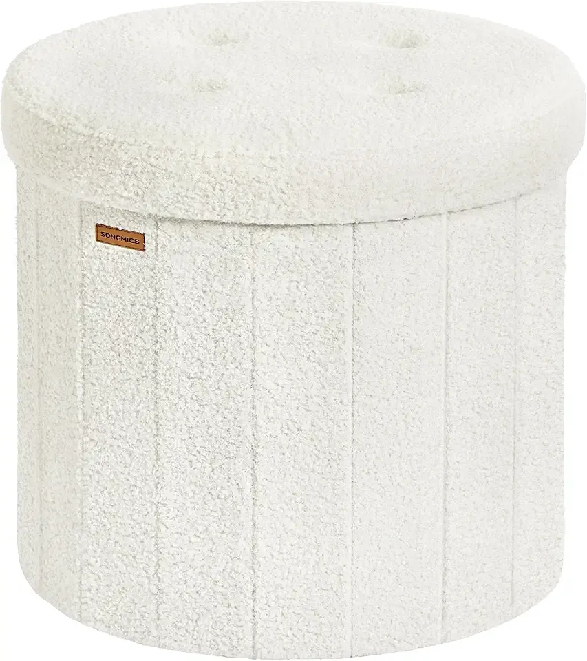 Mazie Collection - Round Storage Ottoman, Folding Footrest Stool with Removable Lid, Easy Assembly, Teddy Fleece Vanity Stool for Bedroom, Living Room, Entryway, Cream White ULSF606W01