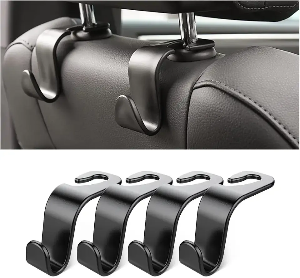 4 Pack Curved Headrest Hooks for Vehicle Seats, Black Style 2 | rear-row hanging storage, supports bags coats and groceries, fits matching headrest posts, interior accessory