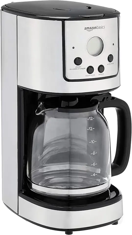 Amazon Basics Programmable Coffeemaker with Carafe and Reusable Filter, Stainless Steel, 12 Cups, Black