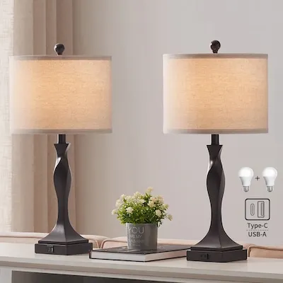 25.6-in Bronze LED On/Off switch Table Lamp with Linen Shade 2 -Set