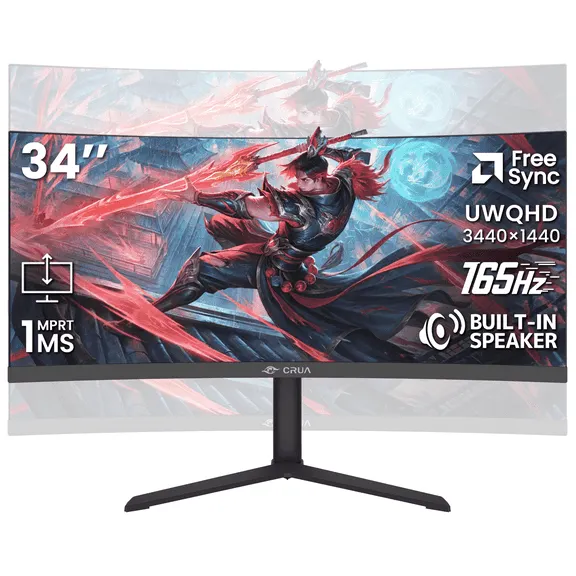 Best seller, CRUA 34"165Hz Curved Ultrawide Gaming Monitor, 3440×1440 UWQHD, Height Adjustable Stand, Built-in Speakers, HDMI & DisplayPort, Black, $189.69, Was $339.99