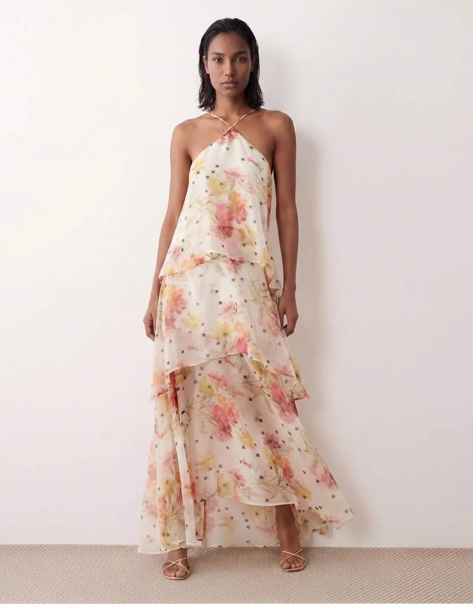 ASOS DESIGN halter neck chiffon midi dress in pink and white floral print