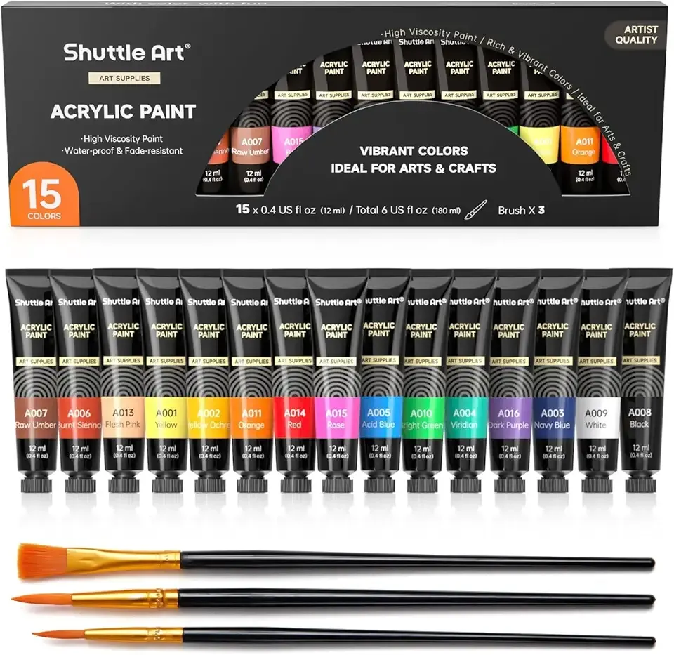 Shuttle Art Acrylic Paint Set, 15 x 12ml Tubes Artist Quality Non Toxic Rich Pigments Colors Perfect for Kids Adults Beginners Artists Painting on Canvas Wood Clay Fabric Ceramic Crafts
