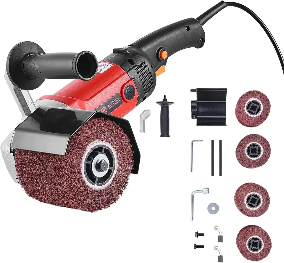 VEVOR Burnishing Polishing Machine, 1200W 6 Variable Speed Surface Conditioning Tool, Handheld Electric Metal Burnishing Machine with 4 Fiber Polishing Wheels for Stainless Steel, Non-Ferrous Metals