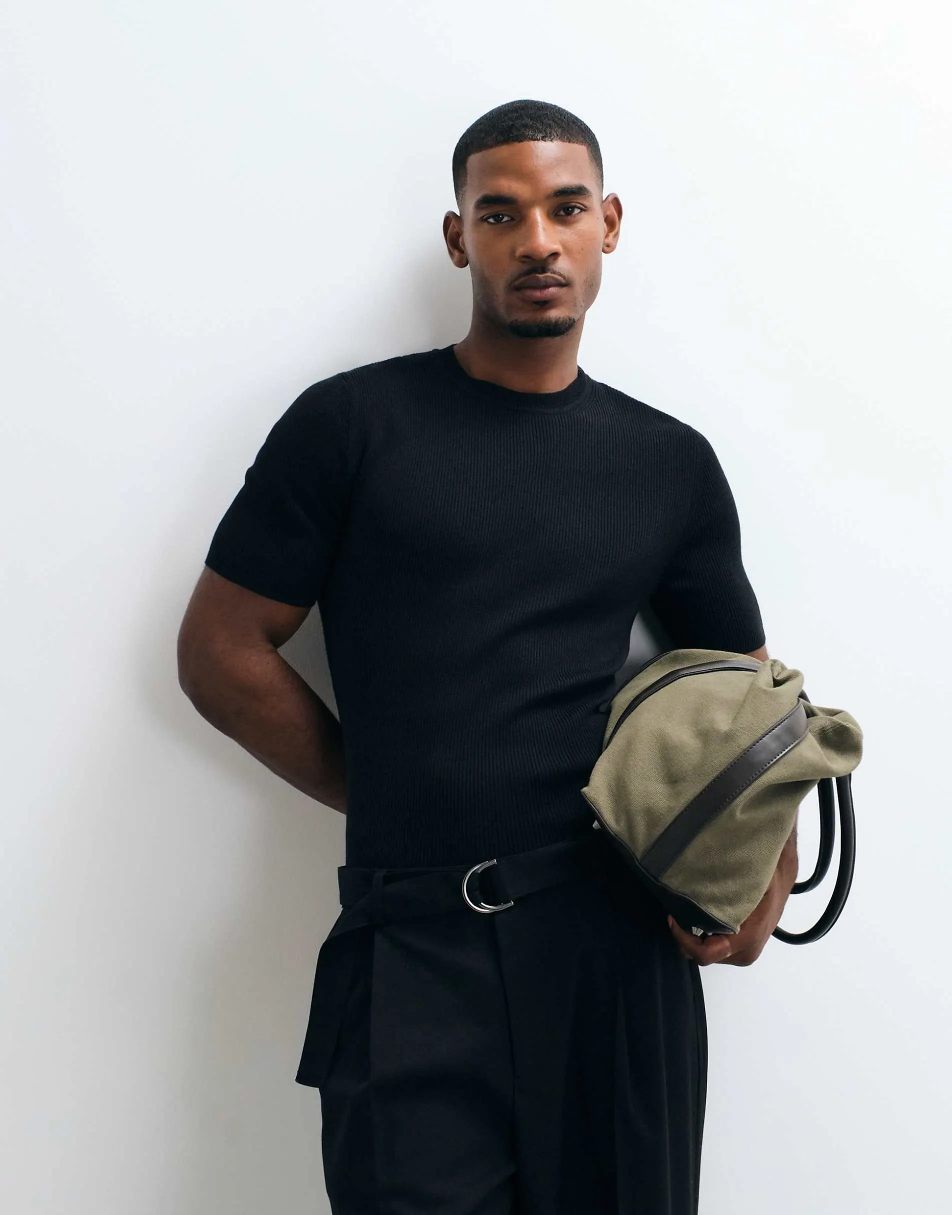 ASOS DESIGN Essential muscle-fit fine-rib knit crew-neck in black