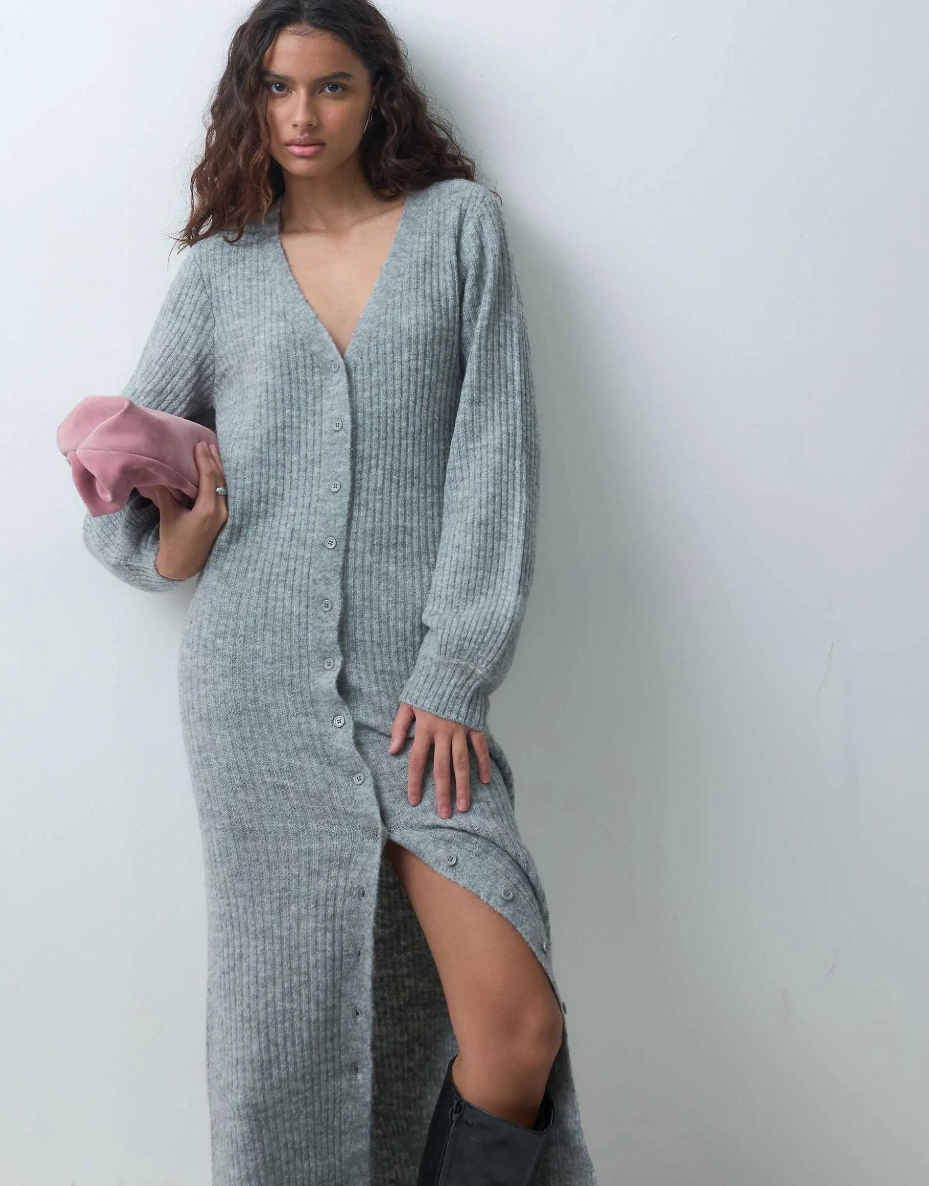 Pieces balloon sleeve button front knitted dress in light grey melange