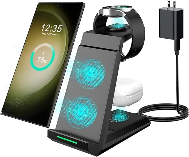 Wireless Charger for Samsung, ADADPU 3 in 1 Charging Station for Multi Devices Fast Charger Stand Dock for Galaxy S25 S24 S23 S22 S21,Galaxy Watch 7/6/5/4/3/Pro,Galaxy Buds(with 5ft Cable & Adapter)