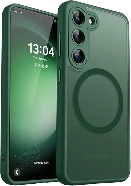 CANSHN Designed for Samsung Galaxy S23 Case [Full Camera Protection] [Compatible with MagSafe] Translucent Matte Shockproof Protective Phone Cover 6.1 Inch - Deep Green