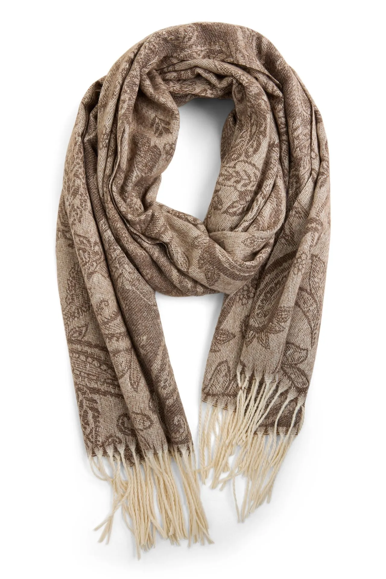 Zandkleurige sjaal met paisleyprint