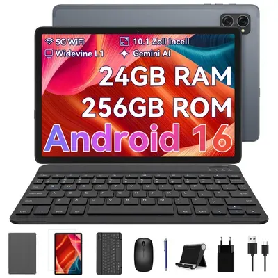 TABWEE T20 Android 16 Tablet 10.1 Zoll, 24GB(8+16 Berweiterbar) RAM+256GB ROM(2TB TF) mit Zubehör Tablet-PC, Widevine L1, 5G WiFi, Gemini Al Magic
