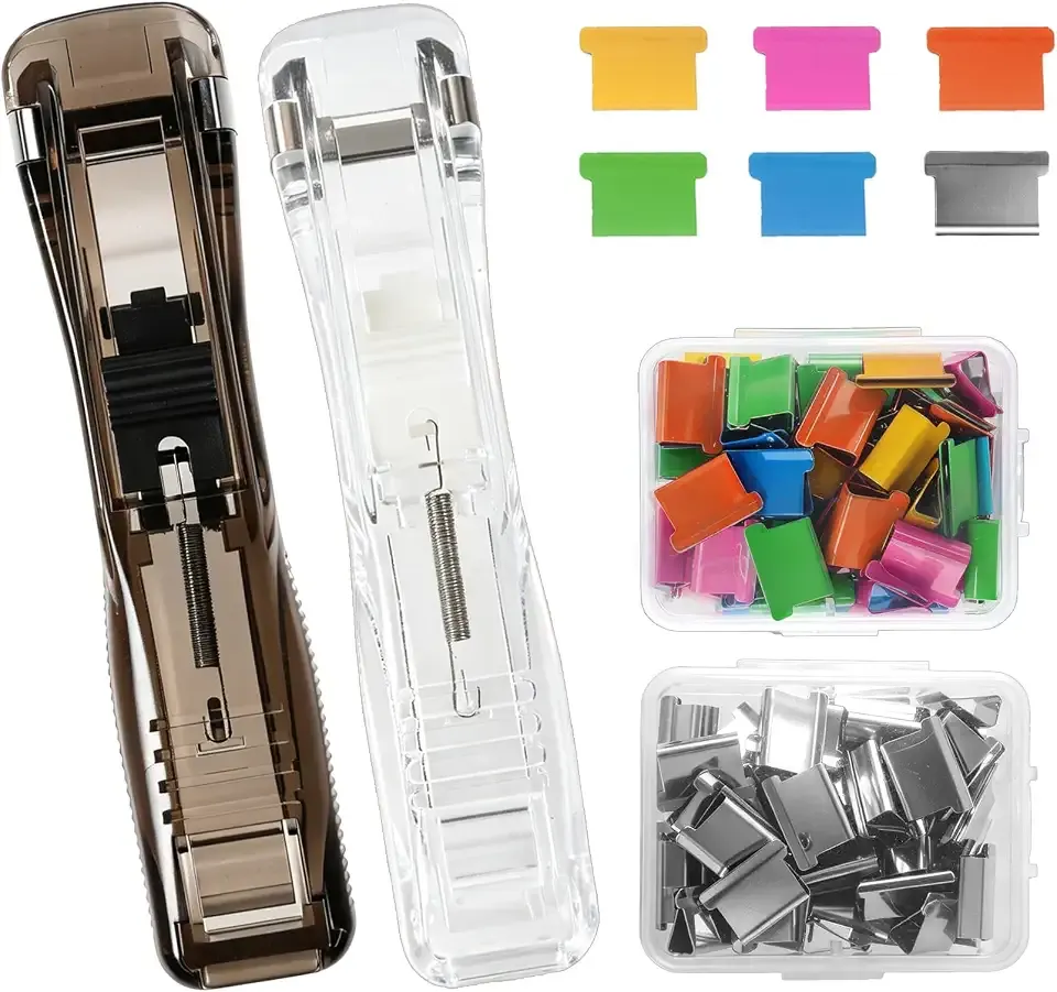 Portable Paper Clam Clip Dispenser, 2 Pcs Handheld Binder Clip Stapler, Black and Clear Mini Stapler Push Staple Free Clips Binder Set with Metal Refill Clips for Home School Office Fixing Documents