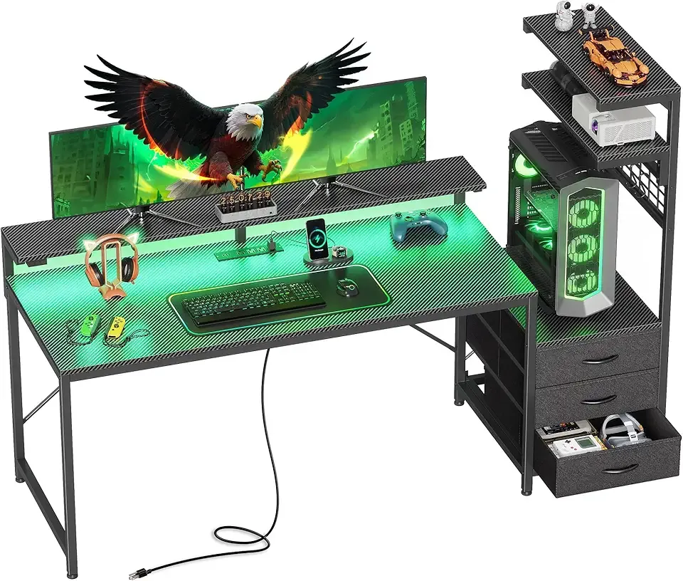 PRAISUN 61.7" Gaming Desk with LED Lights & Outlets, Computer Desk with 3 Fabric Drawers, PC Desk with PC Case Stand & Movable Storage Shelves, Monitor Stand, Reversible, Carbon Fiber Black