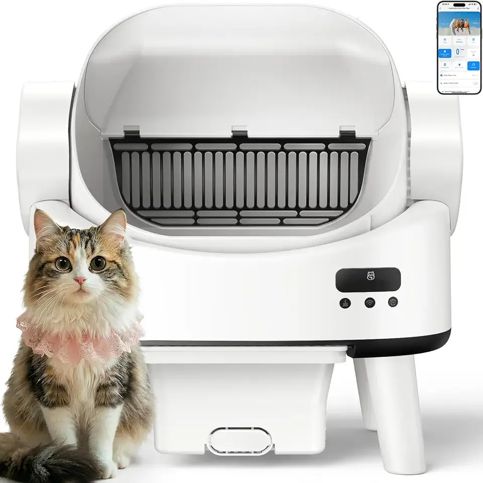 Self Cleaning Cat Litter Box, Open-Top Automatic Robot Litter Box for Multiple Cats with App Control, Safety Sensors Protection, Includes Liners, Digital Screen, Washable Sifter &Cat Pedal