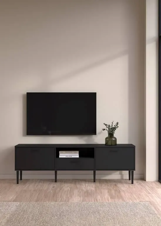 Billund TV-benk 177 x 40, H 57 cm, 1 åpen hylle, 1 skuff og 2 skapdører svart