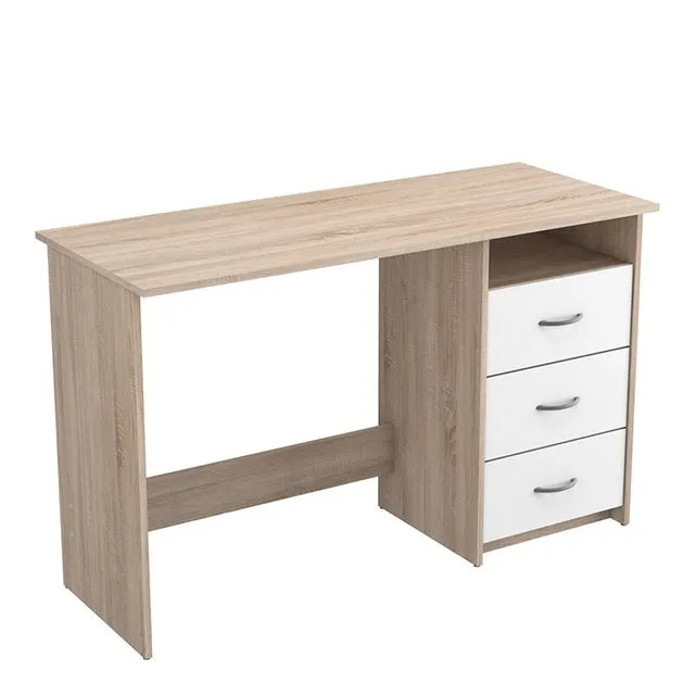 Mesa Escritorio Reversible 3 Cajones, Mesa Ordenador Juvenil, Roble y Blanco 123 cm