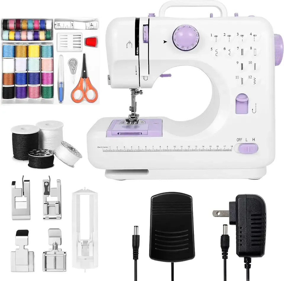 Buvnatep Beginner Sewing Machine with 12 Stitch Patterns, Adjustable 2-Speed Control, Foot Pedal & LED Light, 32-Color Thread Set, Portable Mini Electric Sewing Kit for Home Projects, Kids & Adults