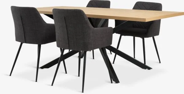 NORTOFT L200 tafel warm eiken + 4 PURHUS stoelen grijs/zwart